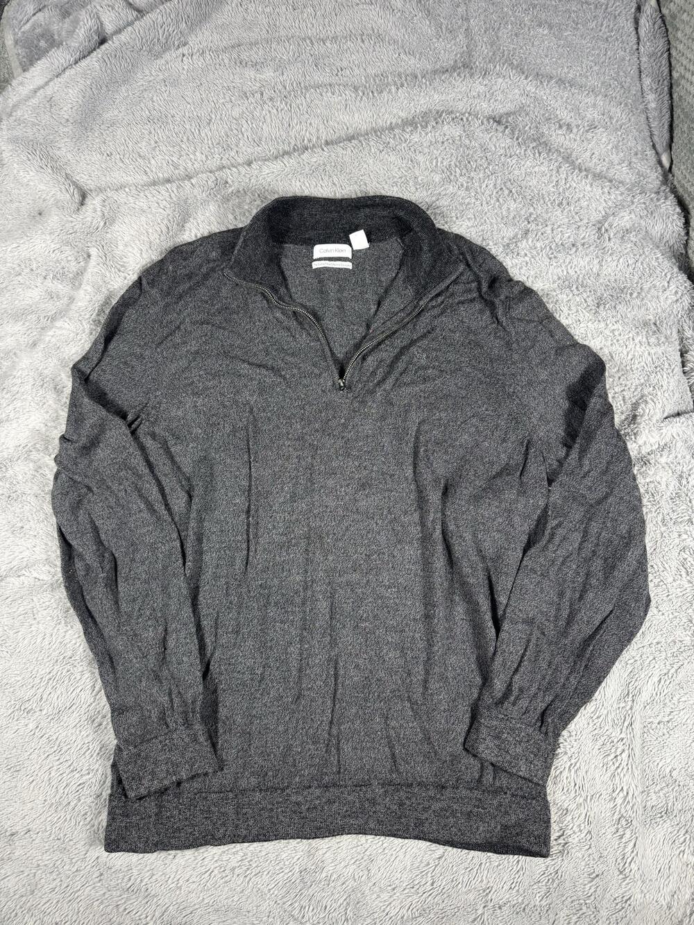 Calvin Klein Sweater Mens 2XL Gray 1/4 Zip Mock Neck Merino Knit Pullover